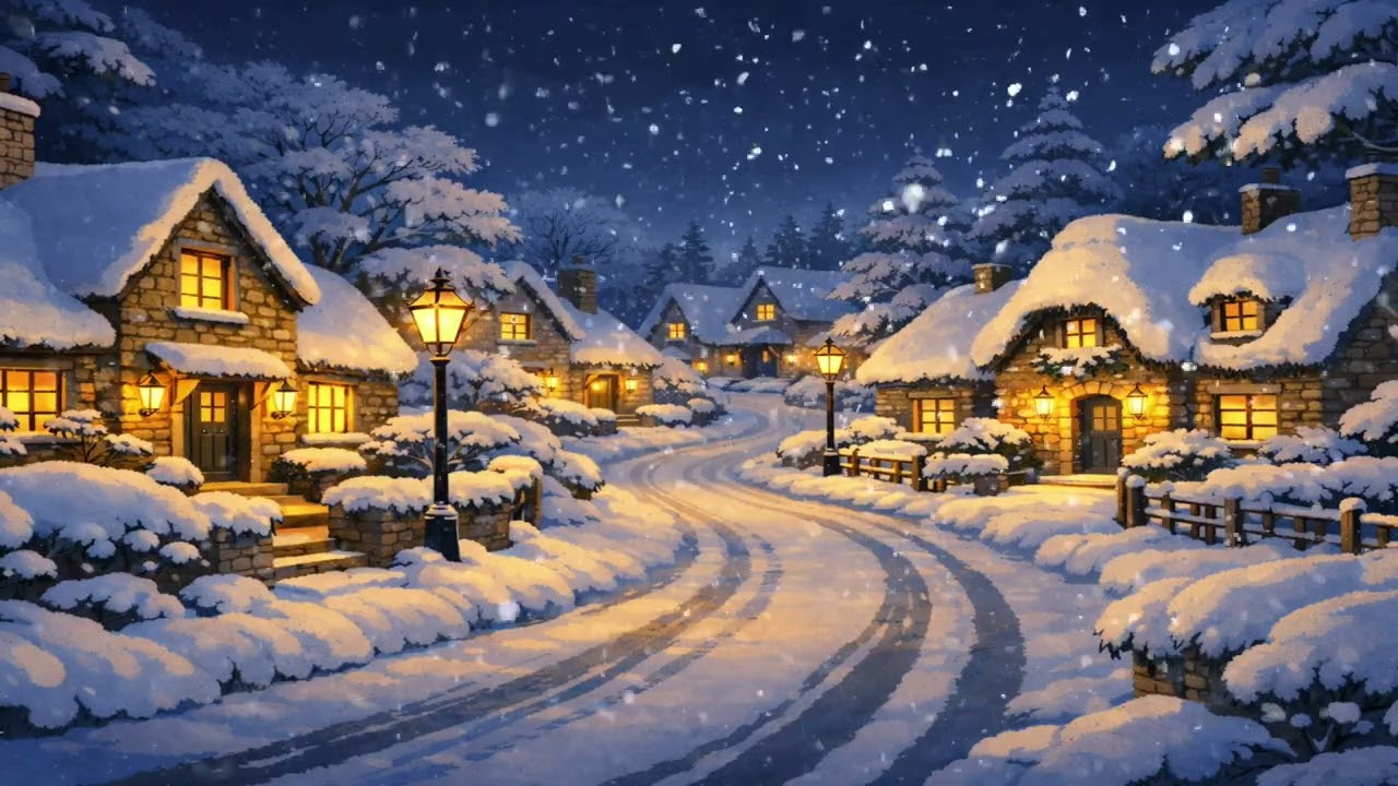 Snowy Village Night ❄️ Cozy Winter Street Ambience for Relaxing, Studying & Sleep