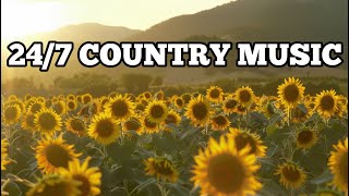 24/7 Country Music Sunflower Field Mountain Sunset Background Instrumental Bluegrass Songs