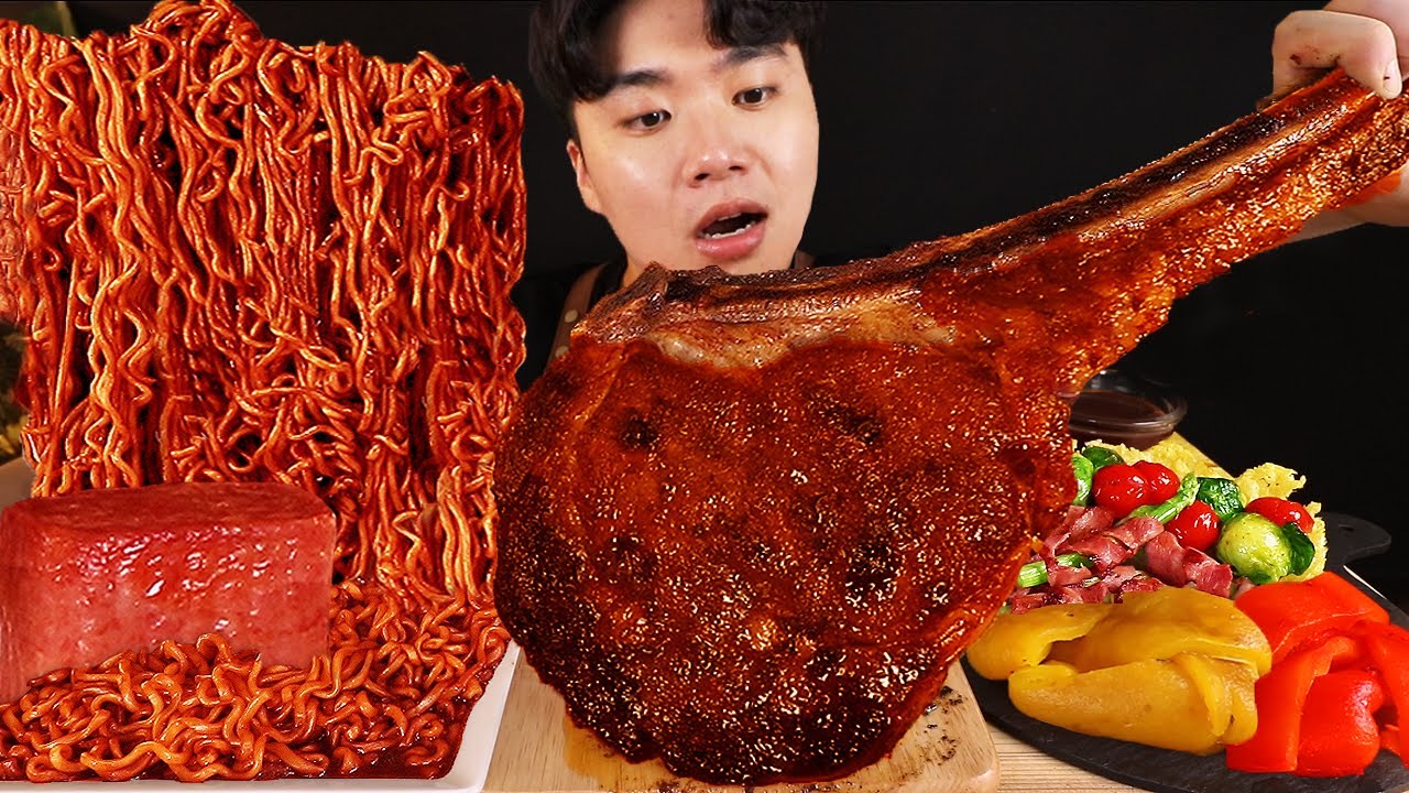 ASMR MUKBANG 짜파게티 \u0026 치즈 통스팸 \u0026 스테이크 BLACK BEAN NOODLES \u0026 STEAK \u0026 CHEESE SPAM EATING SOUND!