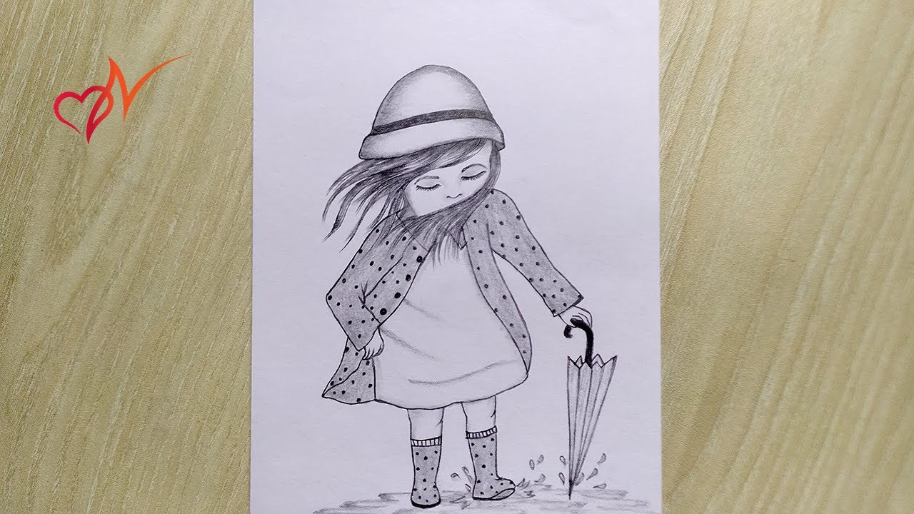 How to draw a little girl holding umbrella || Pencil sketch of a little ...