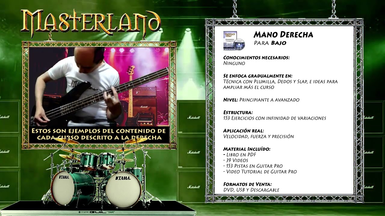 Masterland - Sistemas de Cursos (Descripciones completas en pantalla de cada curso para Bajo, Batería, Guitarra (de todo tipo) y Piano o Teclado.