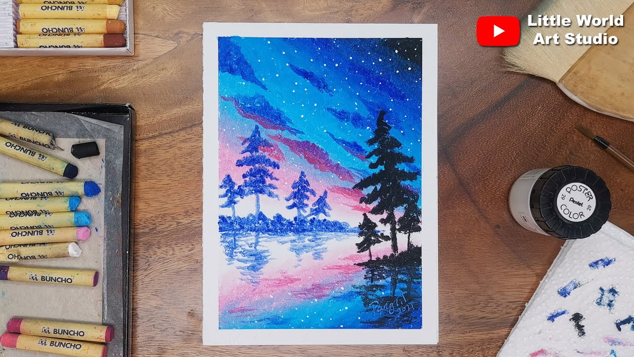 Oil Pastel Screnery - Sunset starry sky - 油画棒画风景- 黄昏的星空