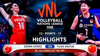 Zehra Güneş vs Yuan Xinyue | Turkey vs China | Highlights | Women's VNL 2022 (HD)