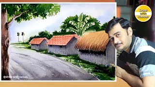 Village Scenery Painting for Beginners | Watercolor Painting tutorial in Hindi