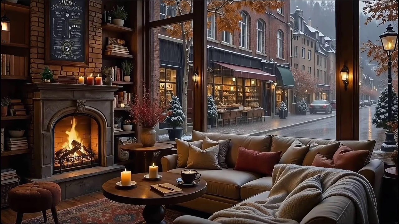 ⛄Quiet Winter Jazz at Cozy Coffee Shop Ambience ❄️ Crackling Fireplace for Study, Work, Relax