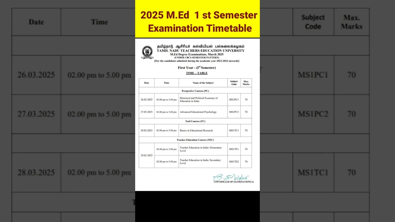 M.ed first semester exam time table 2025 