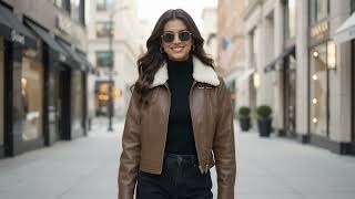 Women’s Brown Leather Jacket with White Shearling Collar | Stylish Winter Fashion USA Canada