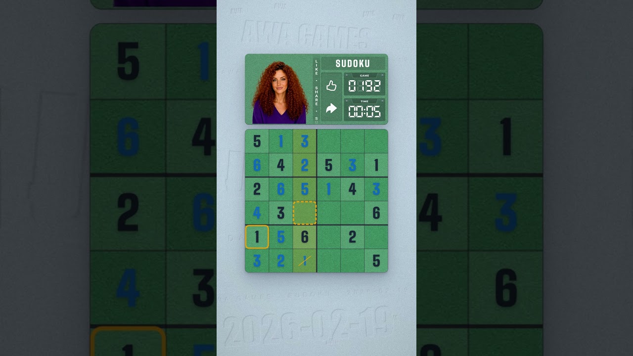 LinkedIn Mini Sudoku #192 solved board for February 19, 2026, 6x6 grid