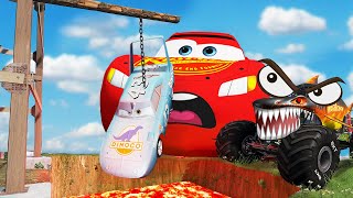 BIG MONSTER SHARK VS POOR LIGHTNING MCQUEEN AND LITTLE DINOCO