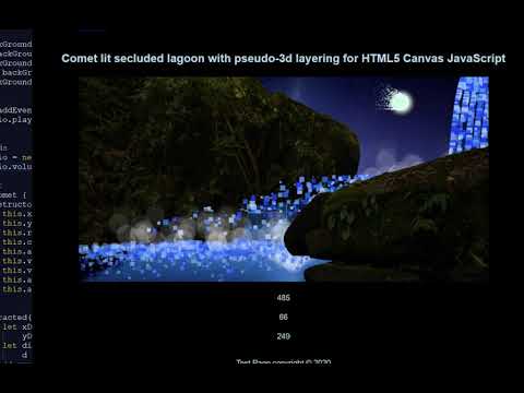 Comet lit secluded waterfall Lagoon with pseudo-3d layering for HTML5 Canvas JavaScript