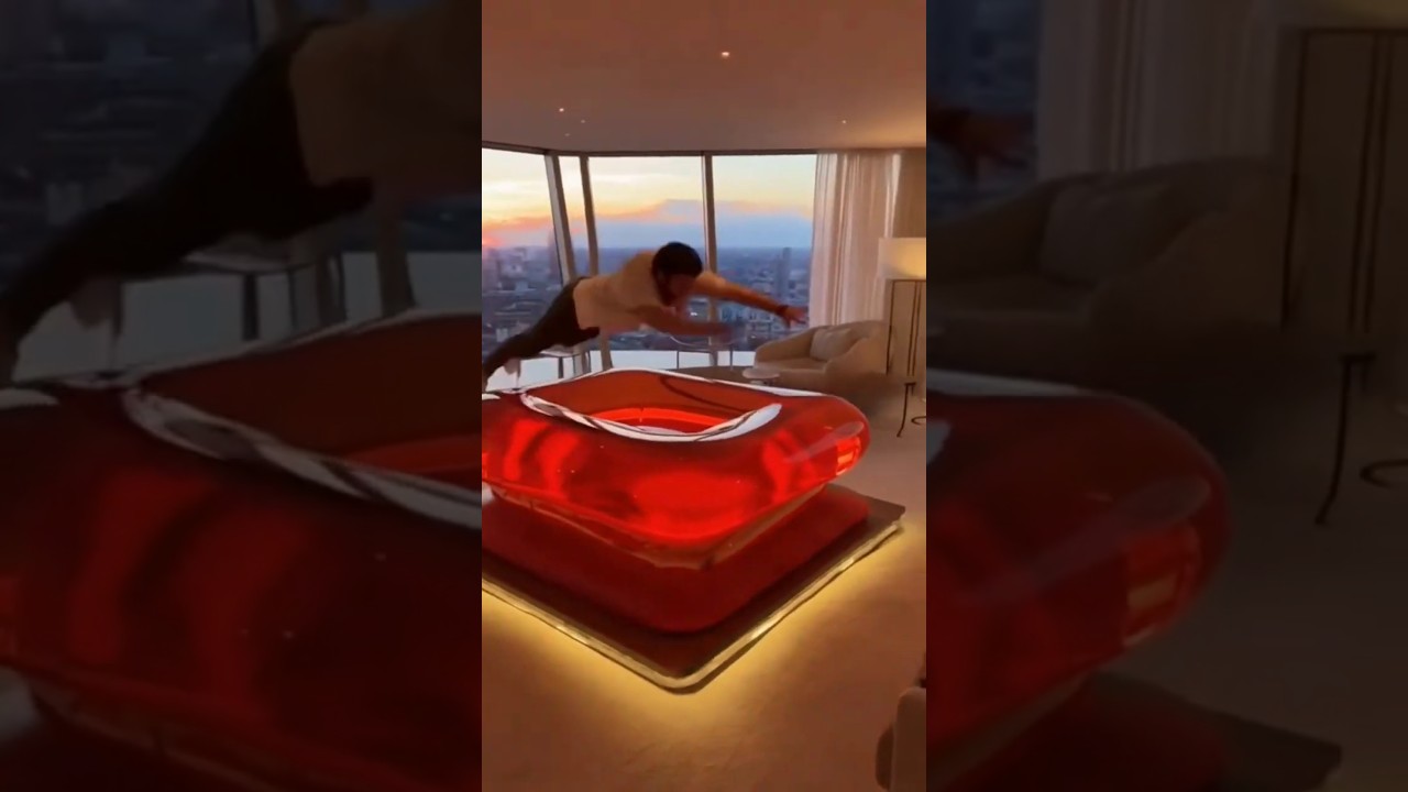 Man Jumps on Giant Jelly Bed in Luxury Hotel — Satisfying 4K Cinematic Scene 🍮🌇✨