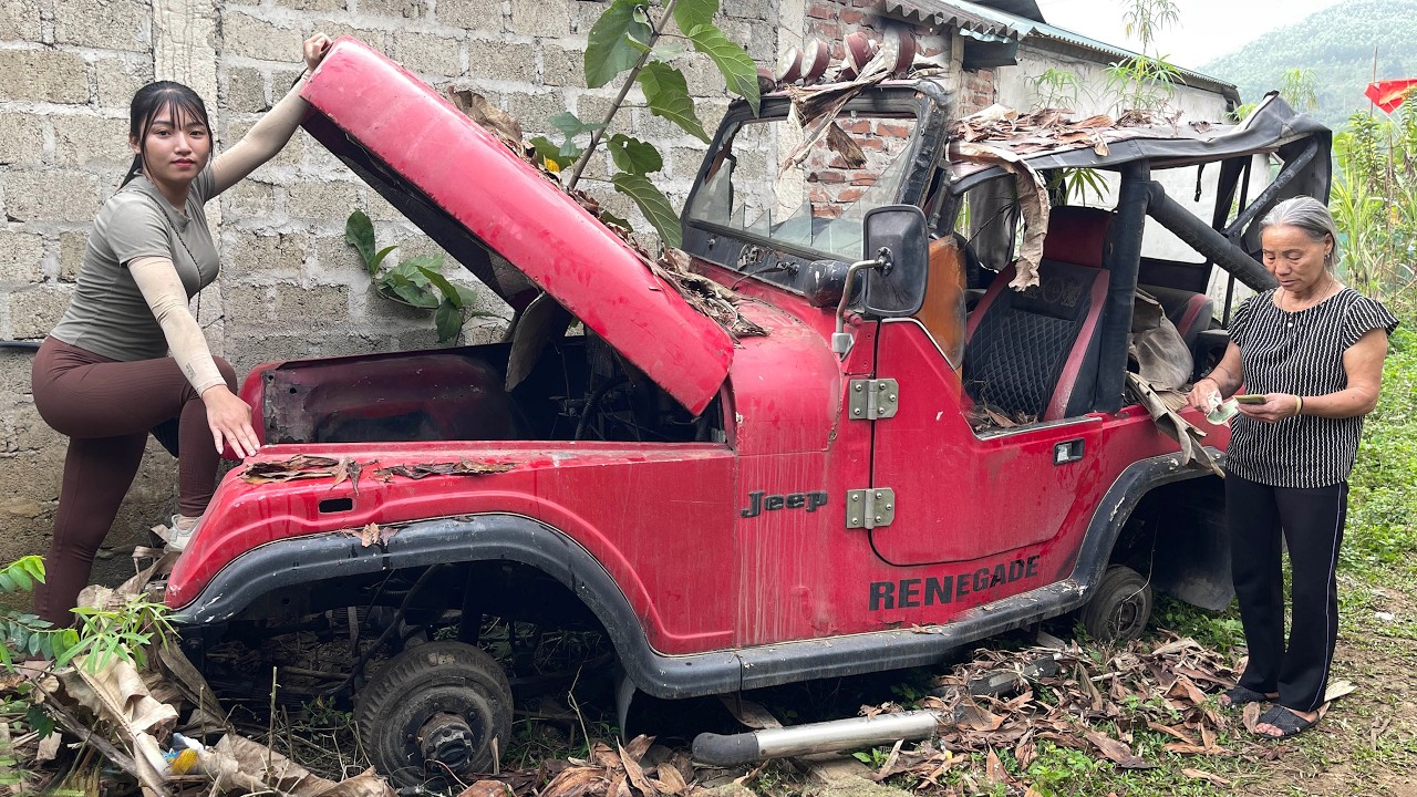 The girl's challenge: repair a 15-year-old abandoned jeep in an old woman's garden.