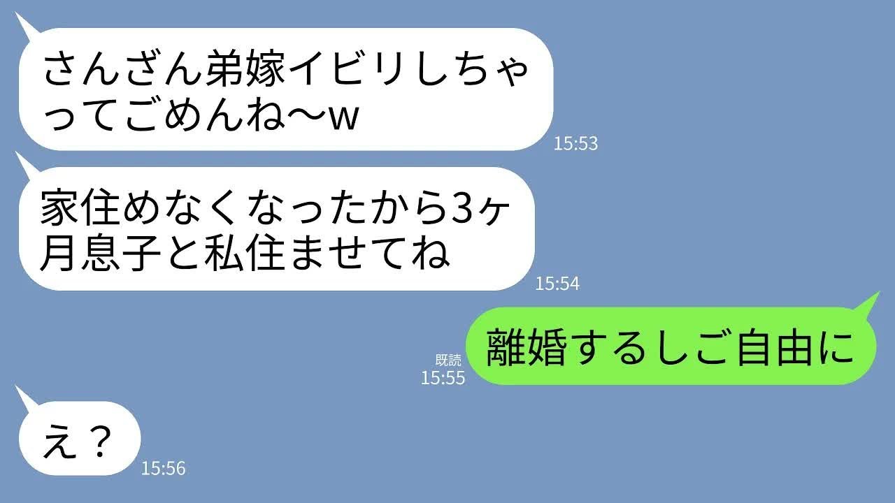 【LINE】私を一方的に嫌う義姉が突然転がり込んできた…。義姉「3ヶ月だけ息子と私泊めてねw」夫「断るなら離婚する」→私「じゃあ離婚します」→速攻で離婚して引っ越した結果w