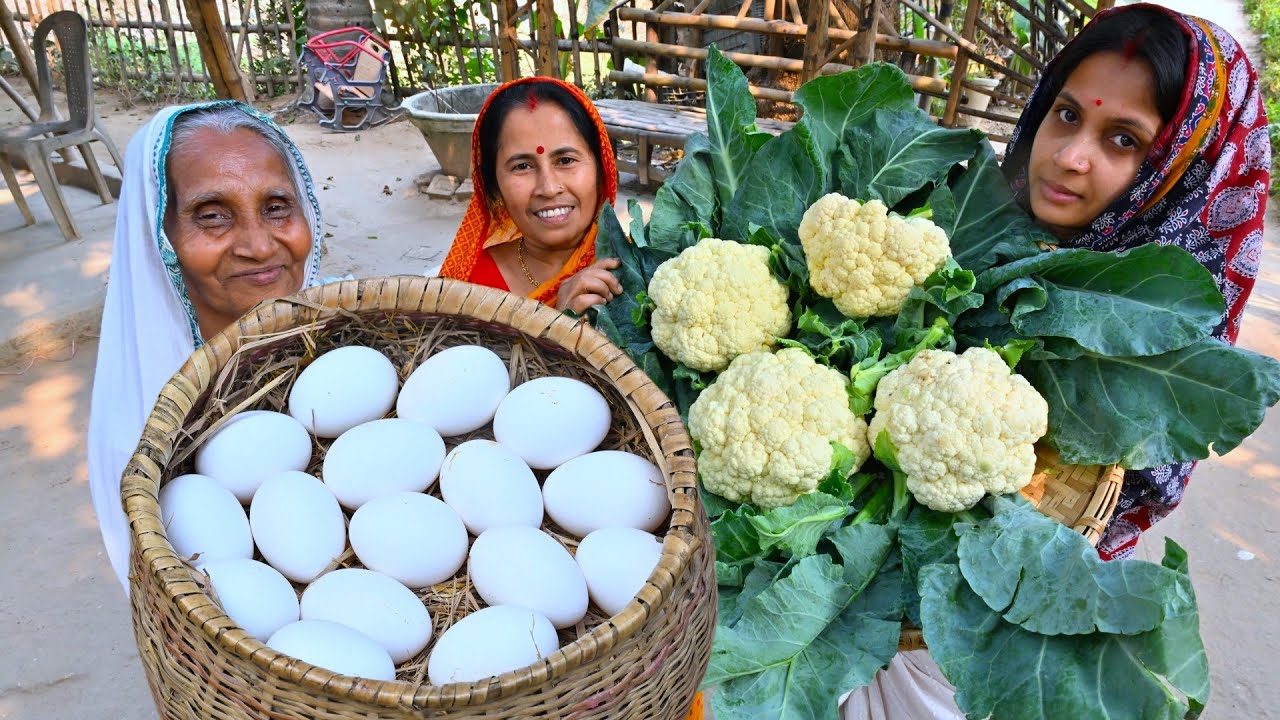 হাঁসের ডিম্ দিয়ে মাঠের টাটকা ফুলকপি রান্না সঙ্গে বেগুন পোড়া | Duck egg curry with cauliflower