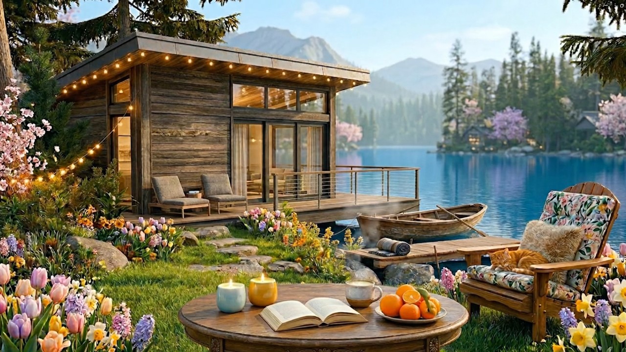 Fall Asleep in a Cozy Spring Wooden House by the Lake | Relaxing Piano & Peaceful Meditation Music