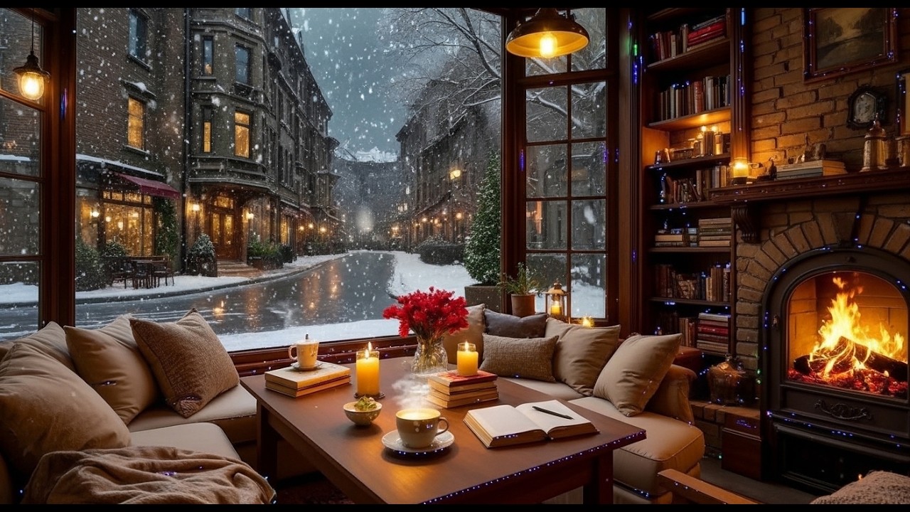 A Beautiful Winter Jazz Café ❄️ Cozy Cafe Atmosphere & Fireplace Sounds for Relaxing