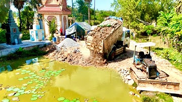 New Complete Video PROJECT! By 5 Ton Dump Truck Unloading Soil And Skill Bulldozer Pushing Soil