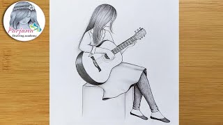 A Girl Playing Guitar Pencil sketch Tutorial for beginners How to draw A Girl with Guitar