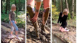 Knee high white socks in mud, dirty stockings in mud, white stockings in mud, wet socks (# 1070)