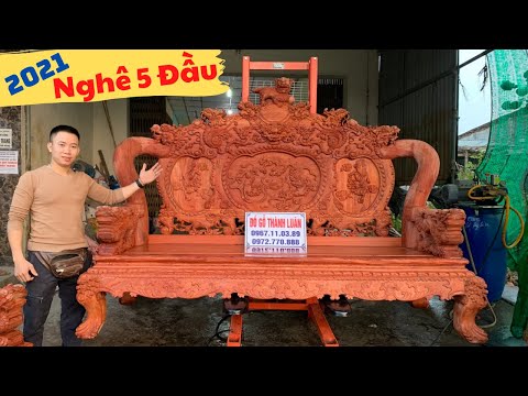 🔴 Báo Giá | Bộ Ghế Nghê Bảo Đỉnh Cột 14 (Mẫu Nghê 5 Đầu) Gỗ Hương Đá | Đồ Gỗ Thành Luân