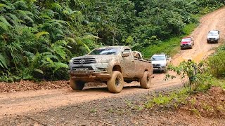 Toyota Hilux Nissan Frontier and Mitsubishi Strada L200 In Mud Route - 4x4 Pickup Truck In Mud Route