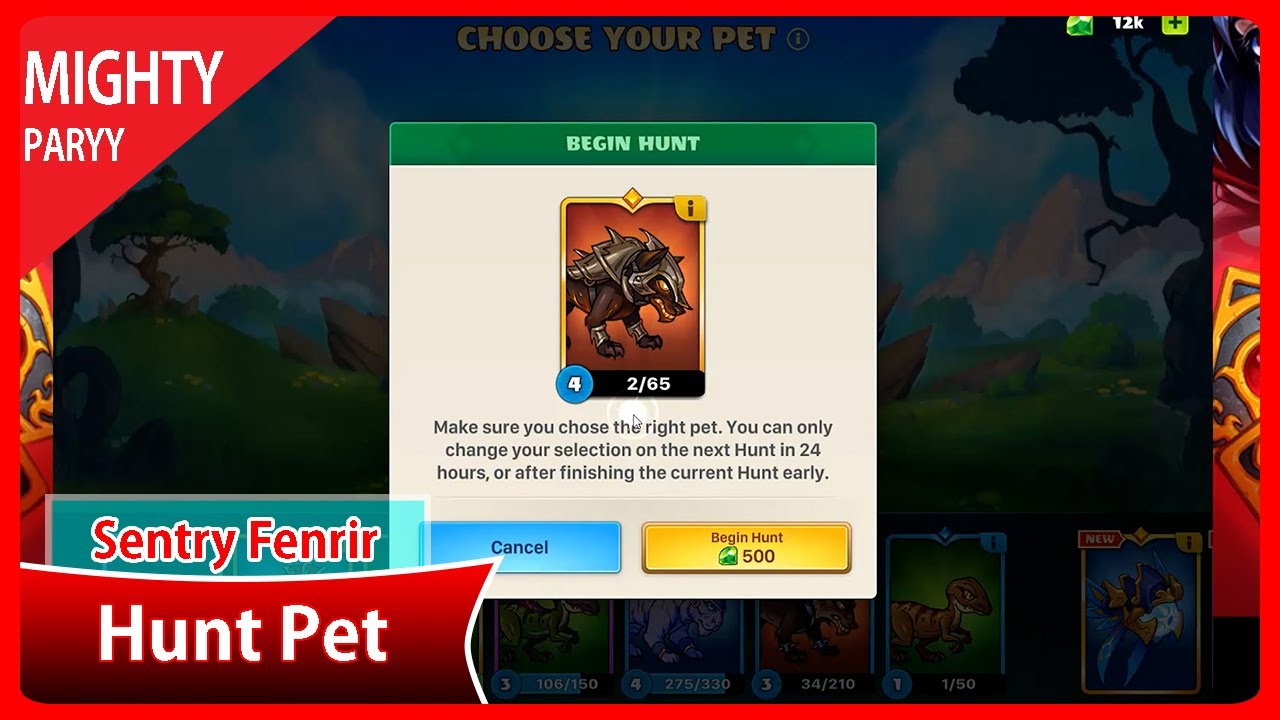 Mighty Party Hunt Legendary Pet Sentry Fenrir I costs 500 gems to