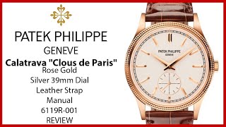 ▶ Patek Philippe Calatrava "Clous de Paris" Rose Gold Silver Dial Strap Manual 6119R-001 - REVIEW screenshot 4