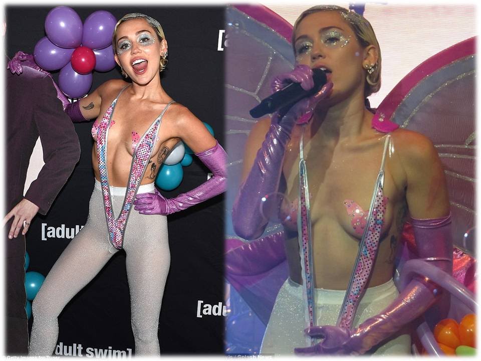 Miley Cyrus falls victim to a DOUBLE wardrobe malfunction as she suffers a ...