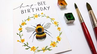 EASY Bee birthday card painting tutorial » How to paint a watercolor bee for beginners real time