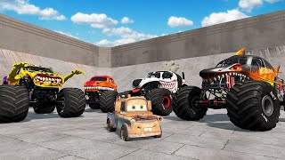 4 MONSTER TRUCKS VS POOR TOW MATER