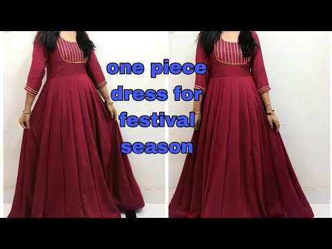one piece long gown cutting and stitching/old saree reuse/long kurti  cutting - YouTube