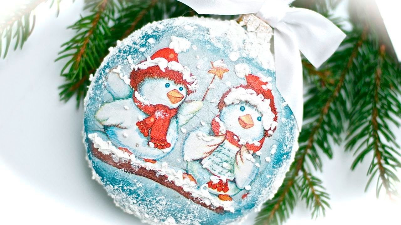 DECOUPAGE bombka z ptaszkami i pastą śniegową TUTORIAL DIY