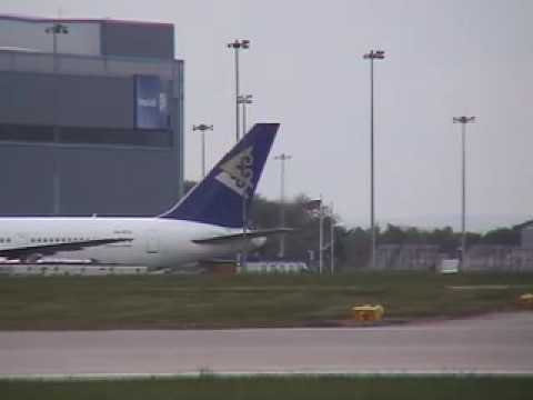 Air Astana Boeing 767-300 P4-KCA at Manchester Airport, seen here being moved into the Monarch Hangar, understood to be for an engine change