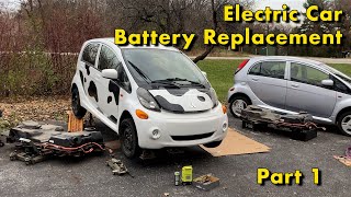 Replacing an Electric Car Battery Pack, Part 1 (Mitsubishi iMiEV battery swap)