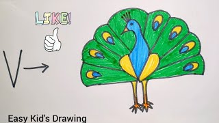 How to draw a Peacock  from 'V'. Easy Kid's Drawing.