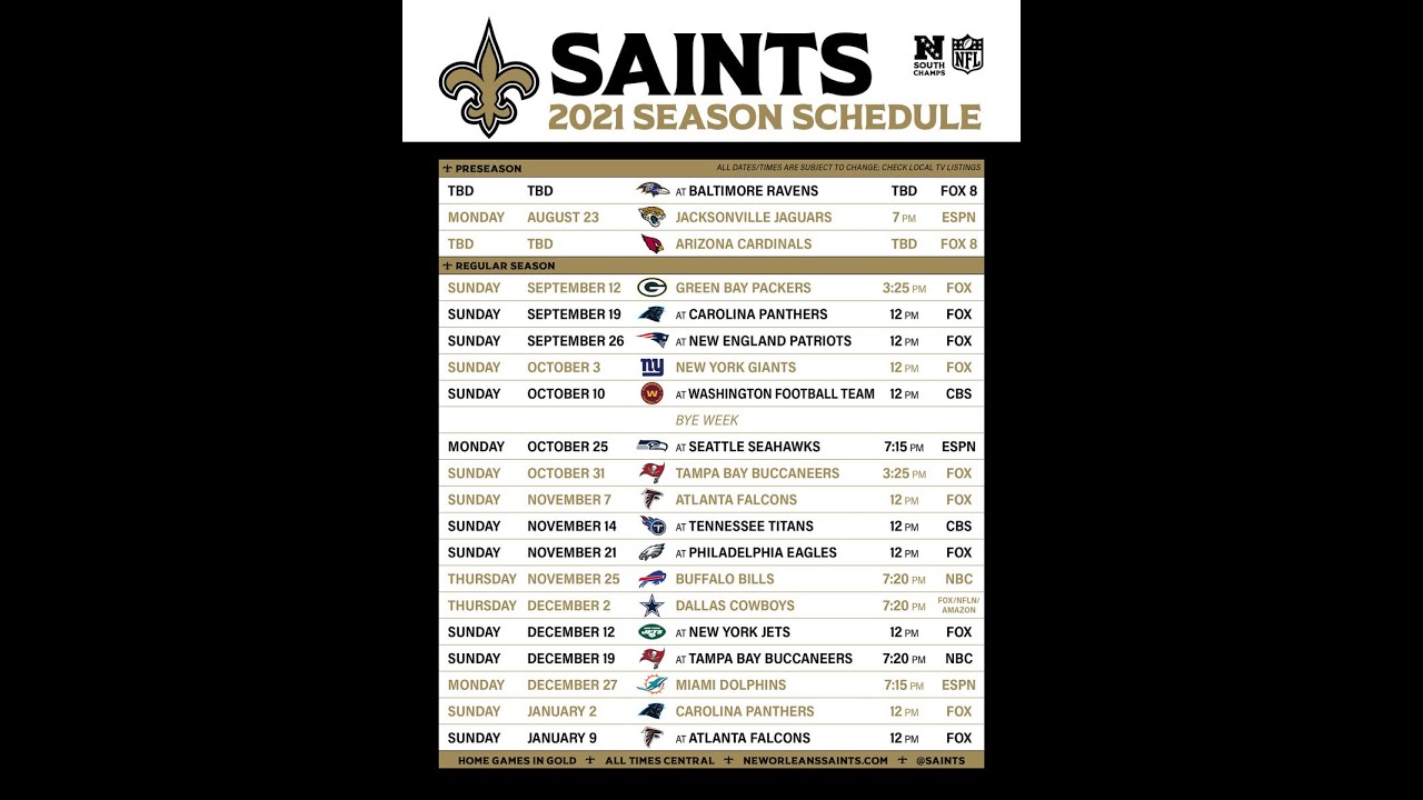 The New Orleans Saints remaining football schedule