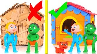 KIDS BUILDING A CARDBOARD HOUSE VS STRONG BRICKS HOUSE ❤ SUPERHERO PLAY DOH CARTOONS FOR KIDS