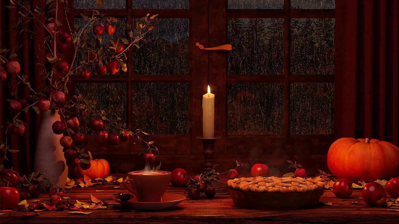 Rainy Autumn Window Ambience | Piano Music Rain, Distant Thunder, Cozy Crackling Fire