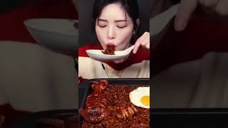 Spicy Chapagetti, Enoki Mushroom &amp; Squid ASMR MUKBANG | cr: Eat with Boki #asmr #mukbang #shorts