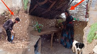 "Carpentry skills of mother and orphan son: making a wooden platform in a stone hut"