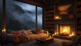 Cozy Cabin Ambience in Deserted Forest  Jazz Music  Rain Sounds & Crackling Fire for Sleeping