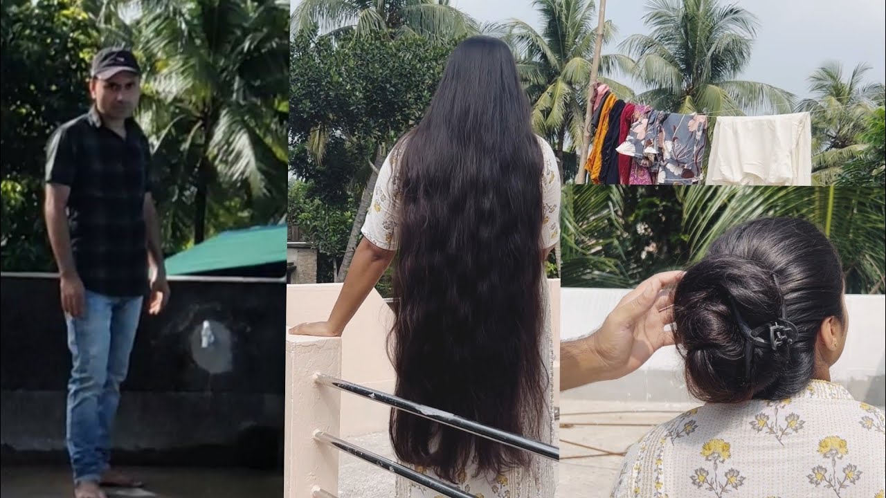 I really wanted to touch Madam's long hair. || Long hair play || hair buns || long hair