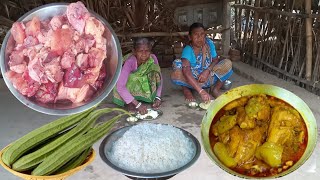 CHICKEN MEAT CURRY with RIDGE GOURD cooking by our santali tribe grandma for their lunch.