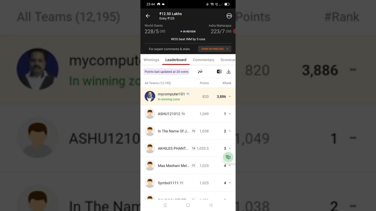 WOG vs INM Dream11 Cricket Match Contest in Winning Zone