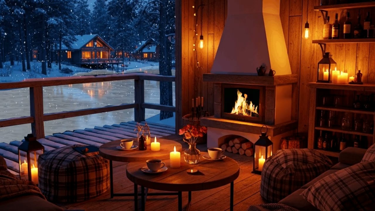 Relaxing Jazz at a Cozy Lakefront Coffee Shop with Warm Fireplace Sounds