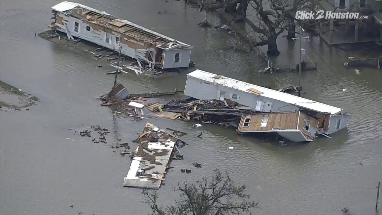 SKY 2 aerials of damage in Cameron, Louisiana due to Hurricane Laura