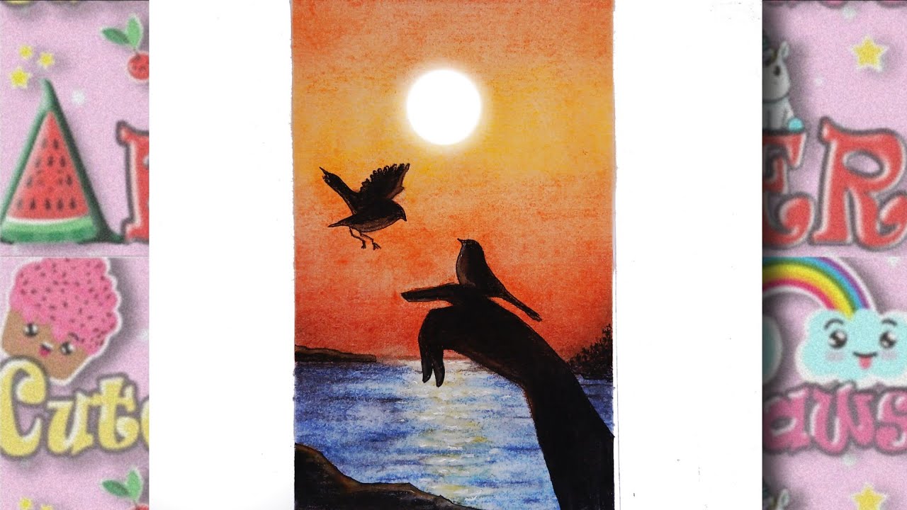 رسم سهل | تعليم رسم منظر طبيعي للغروب ويد تقف عليها عصفورة بالالوان الباستيل