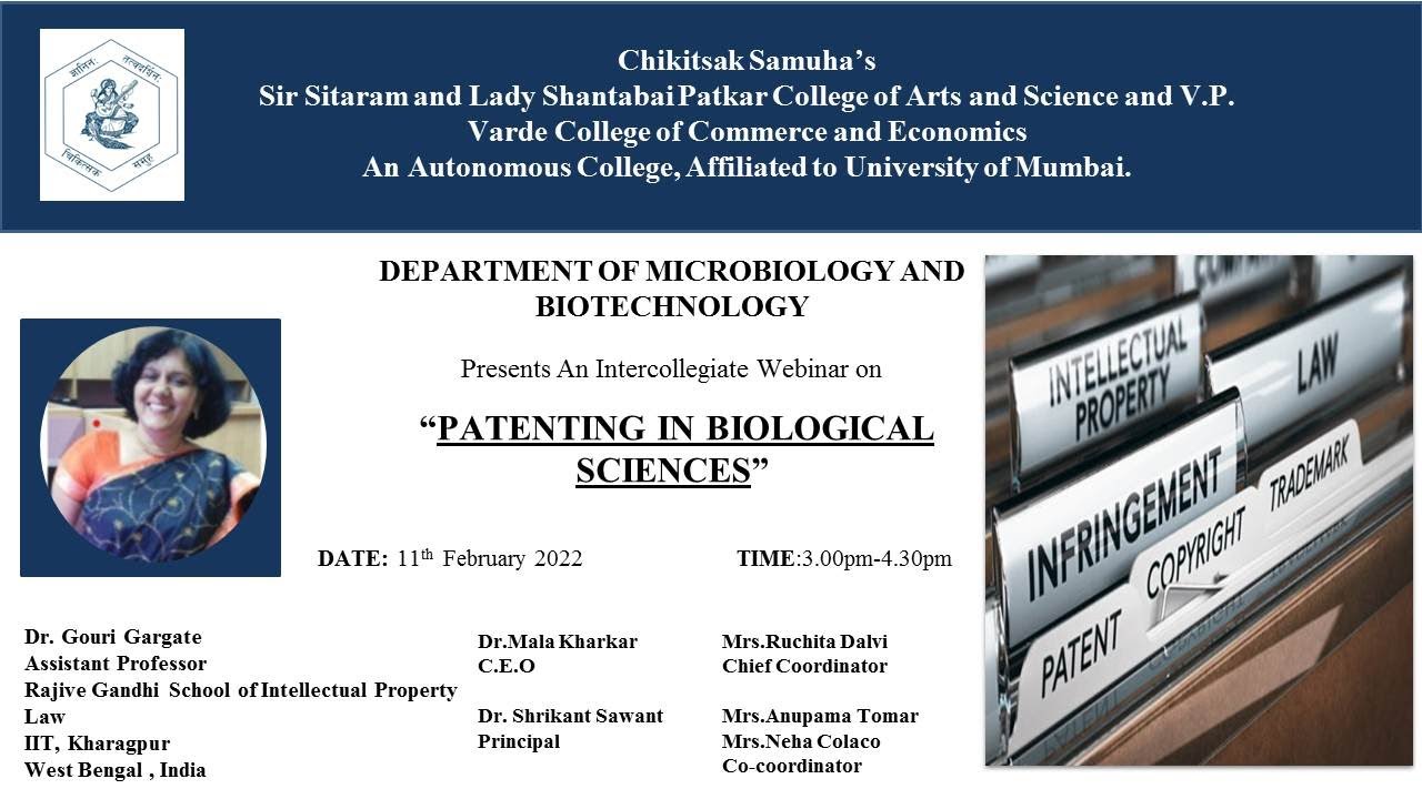 An Intercollegiate Webinar on   “PATENTING IN BIOLOGICAL  SCIENCES"