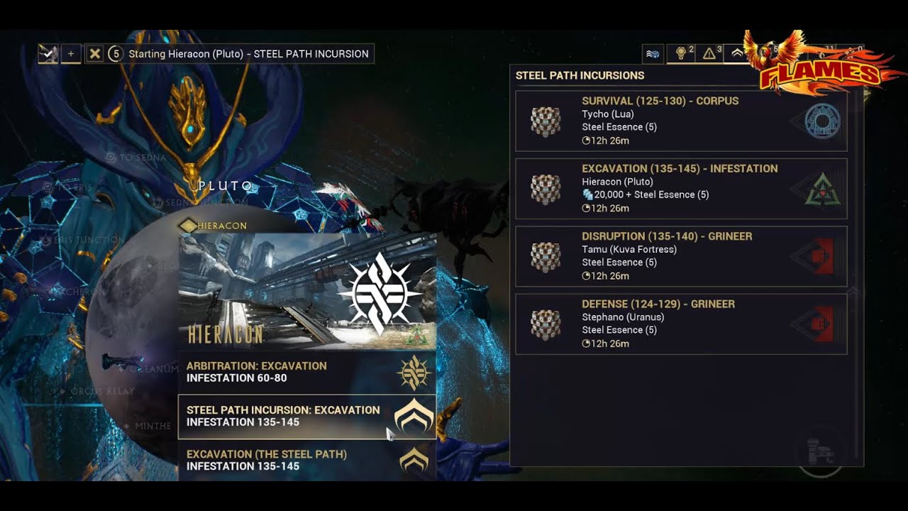 Warframe Steel Path Incursion Hieracon ( Pluto ) Mission Excavation level 135-145