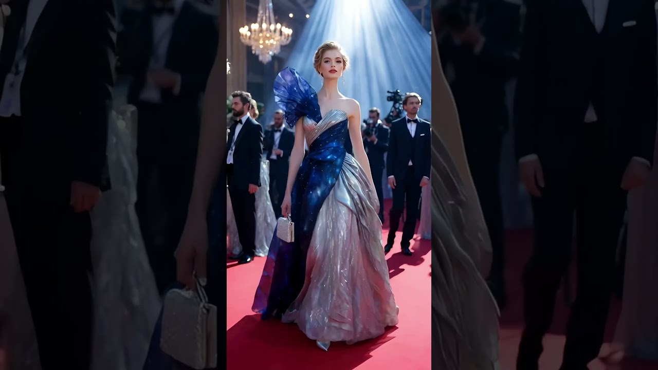 👗👒💖 Blue & Silver Sculptural Couture Gown with Asymmetrical Ruffle and Metallic Draping